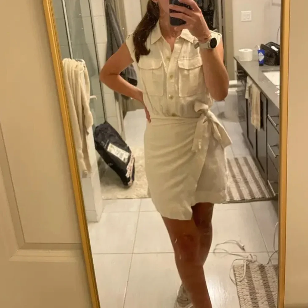 Derek Lam Beige Apron Wrap Mini Dress SIZE 4 Linen Designer Work Safari $365 - Picture 8 of 16
